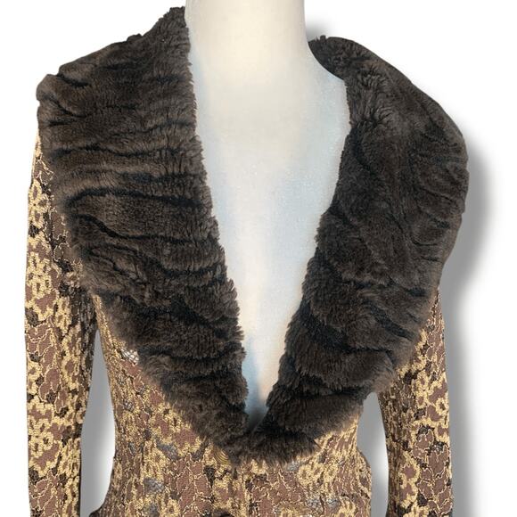 Y2K Ann Ferriday Brown Gold Lace Jacket Faux Fur Collar Victorian Boho Romantic - Picture 2 of 11